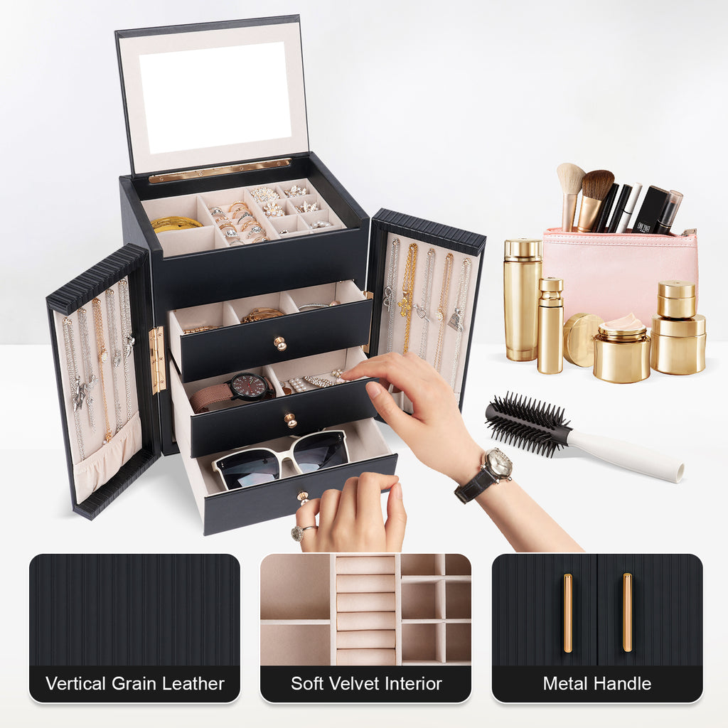 Double-door multi-functional jewelry storage box with a mirror