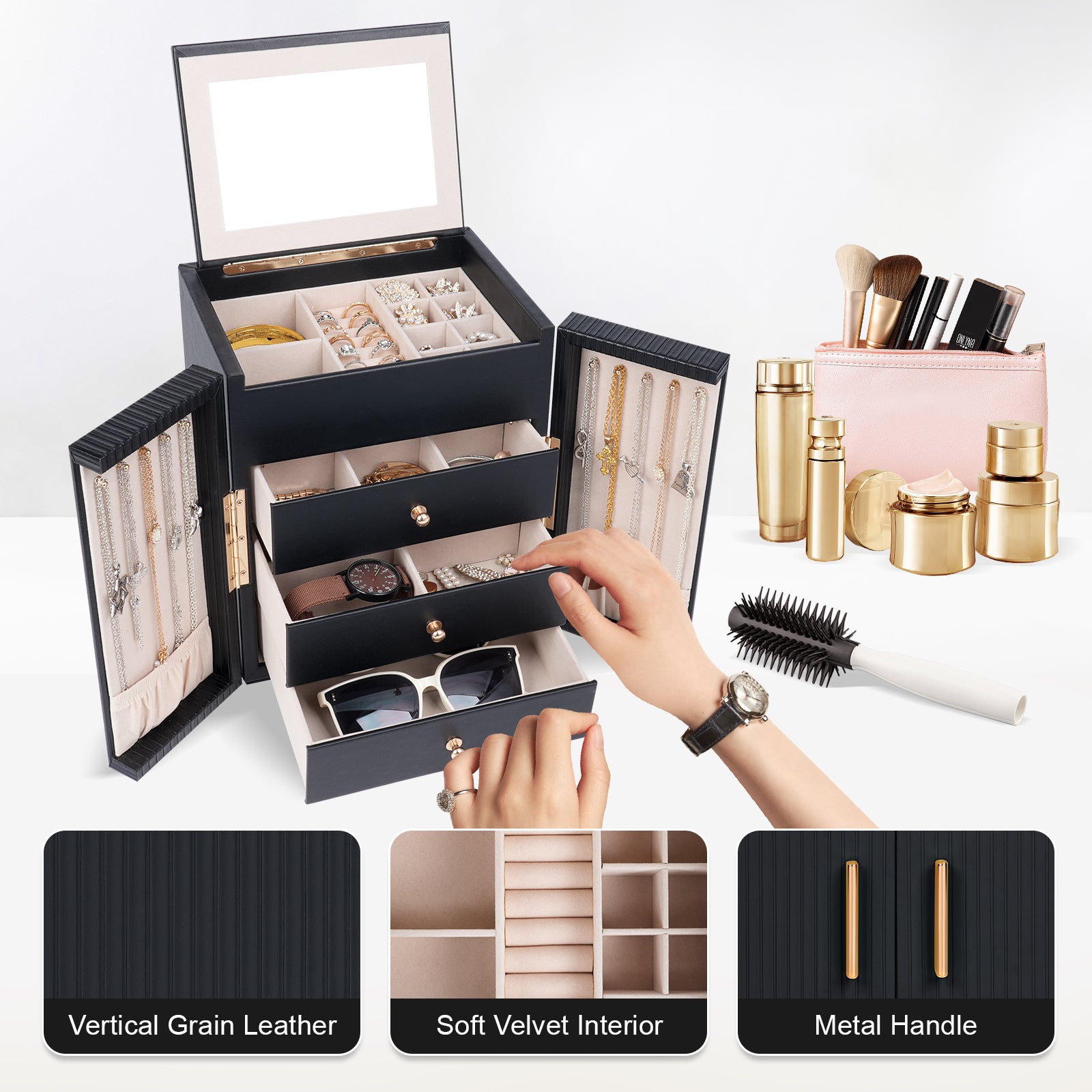 Double-door multi-functional jewelry storage box with a mirror