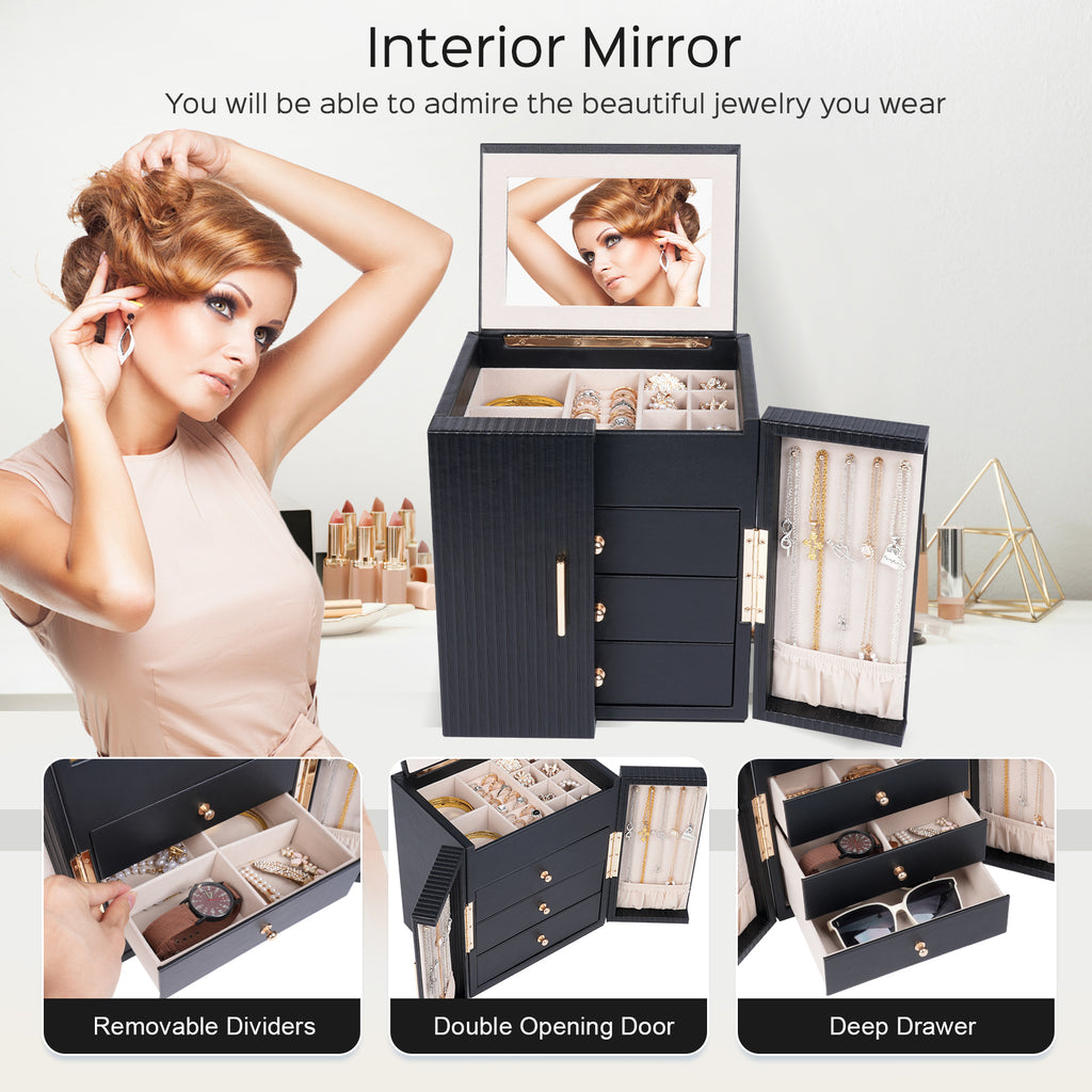 Double-door multi-functional jewelry storage box with a mirror