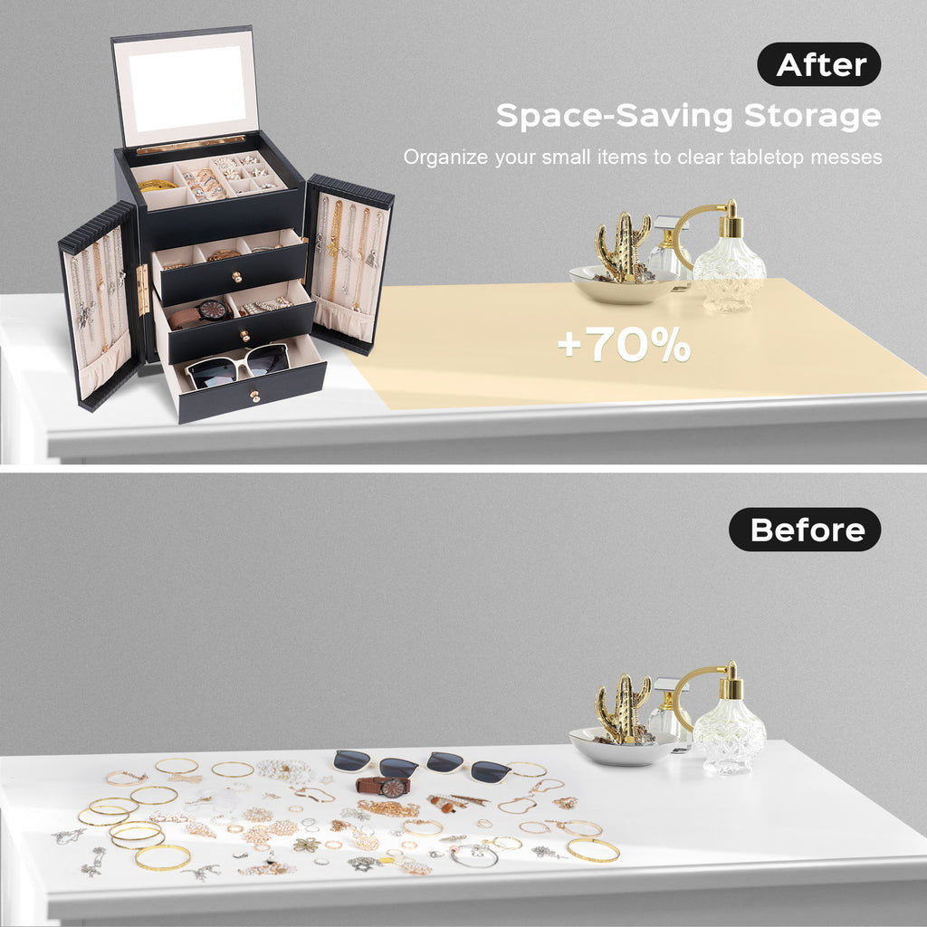 Double-door multi-functional jewelry storage box with a mirror