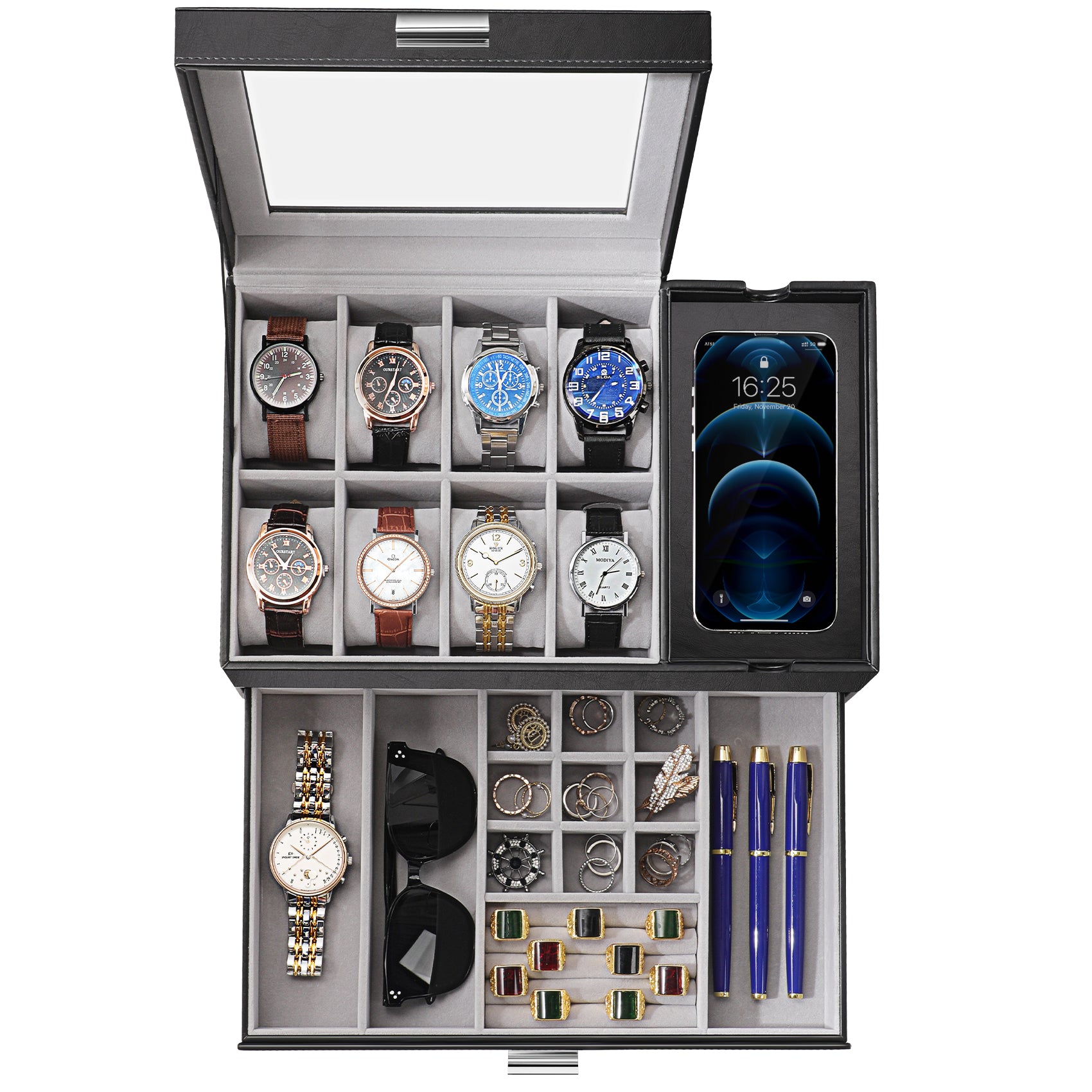 PU leather men's watch storage box with glass lid
