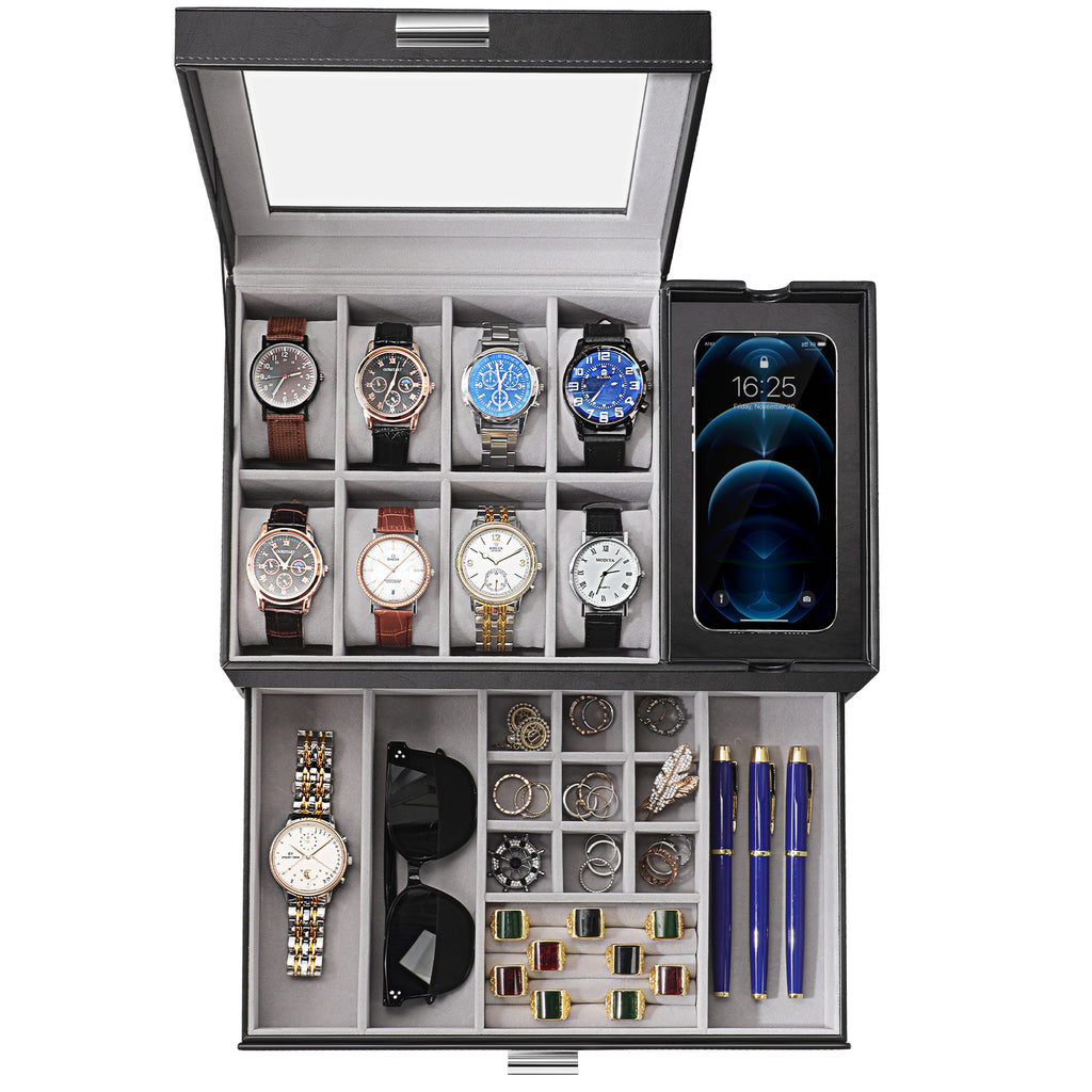 PU leather men's watch storage box with glass lid