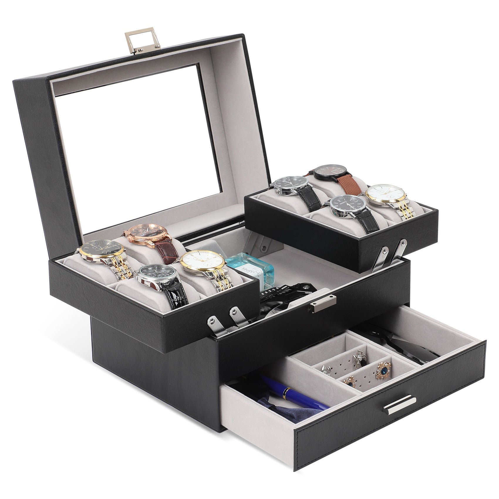 3-Layer PU Leather Watch Display Case with Movable Trays