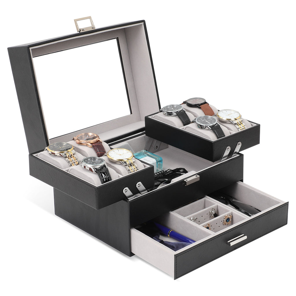 3-Layer PU Leather Watch Display Case with Movable Trays