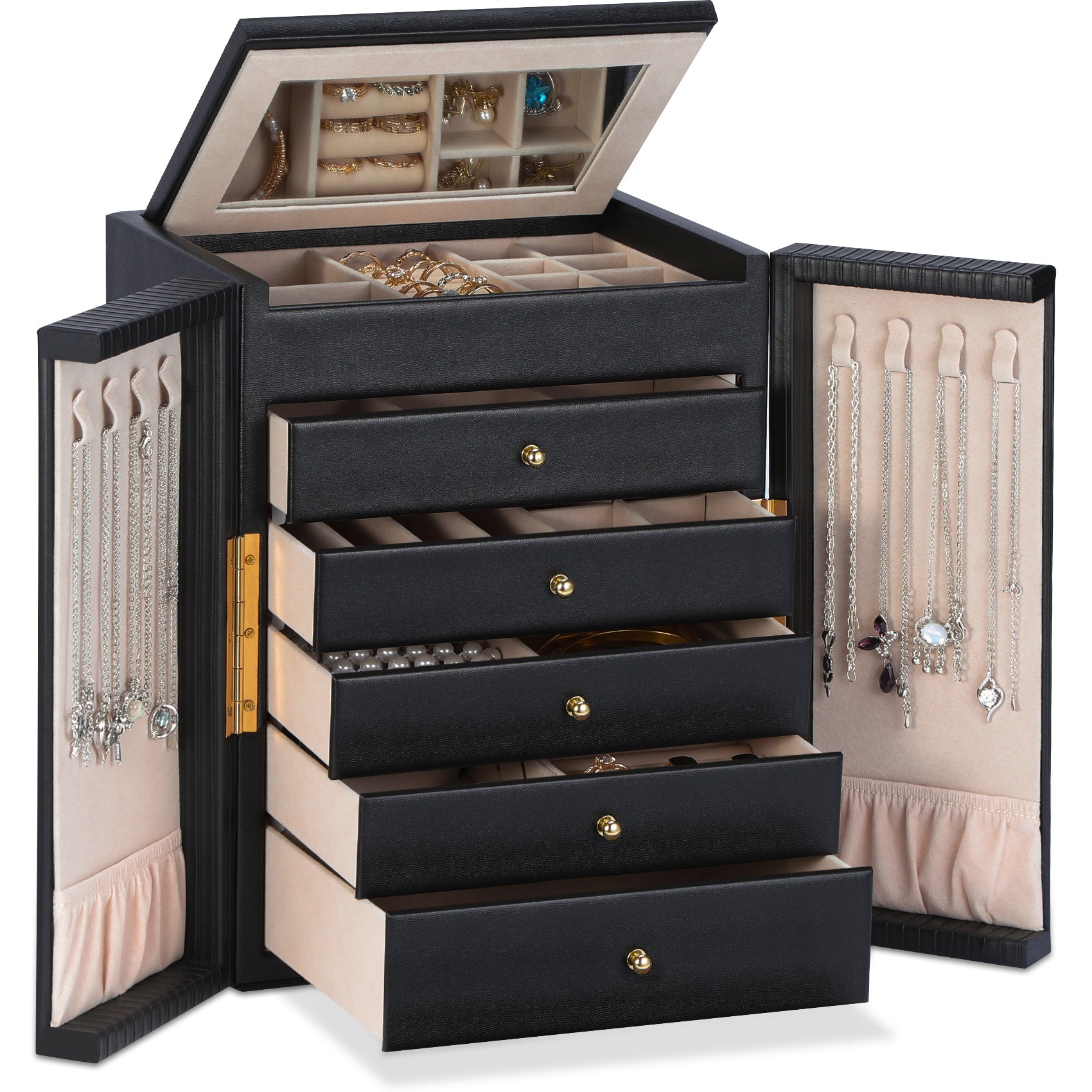 Large capacity and multi-functional 6-layer storage box with mirror