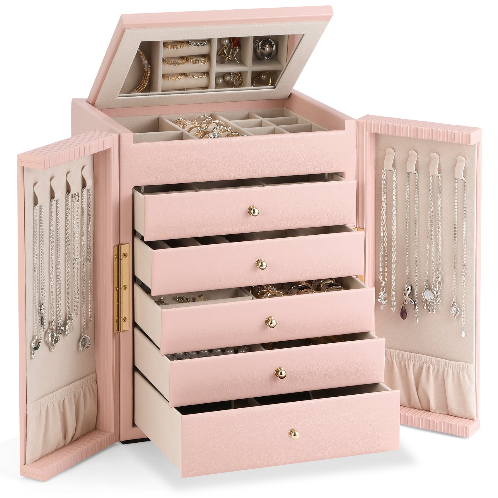 Large capacity and multi-functional 6-layer storage box with mirror