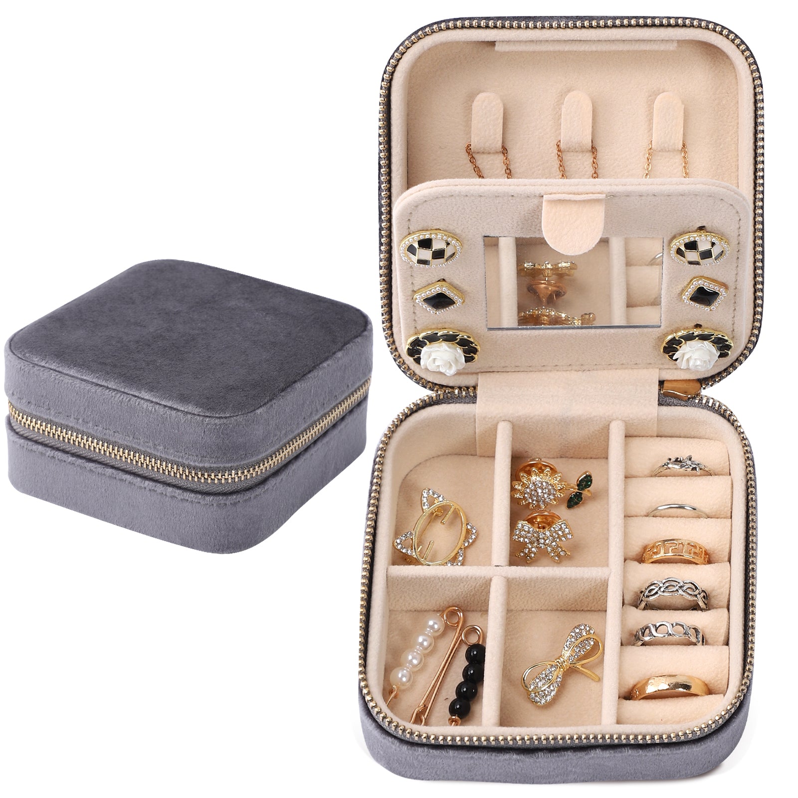 Mini three-layer jewelry storage box with a mirror
