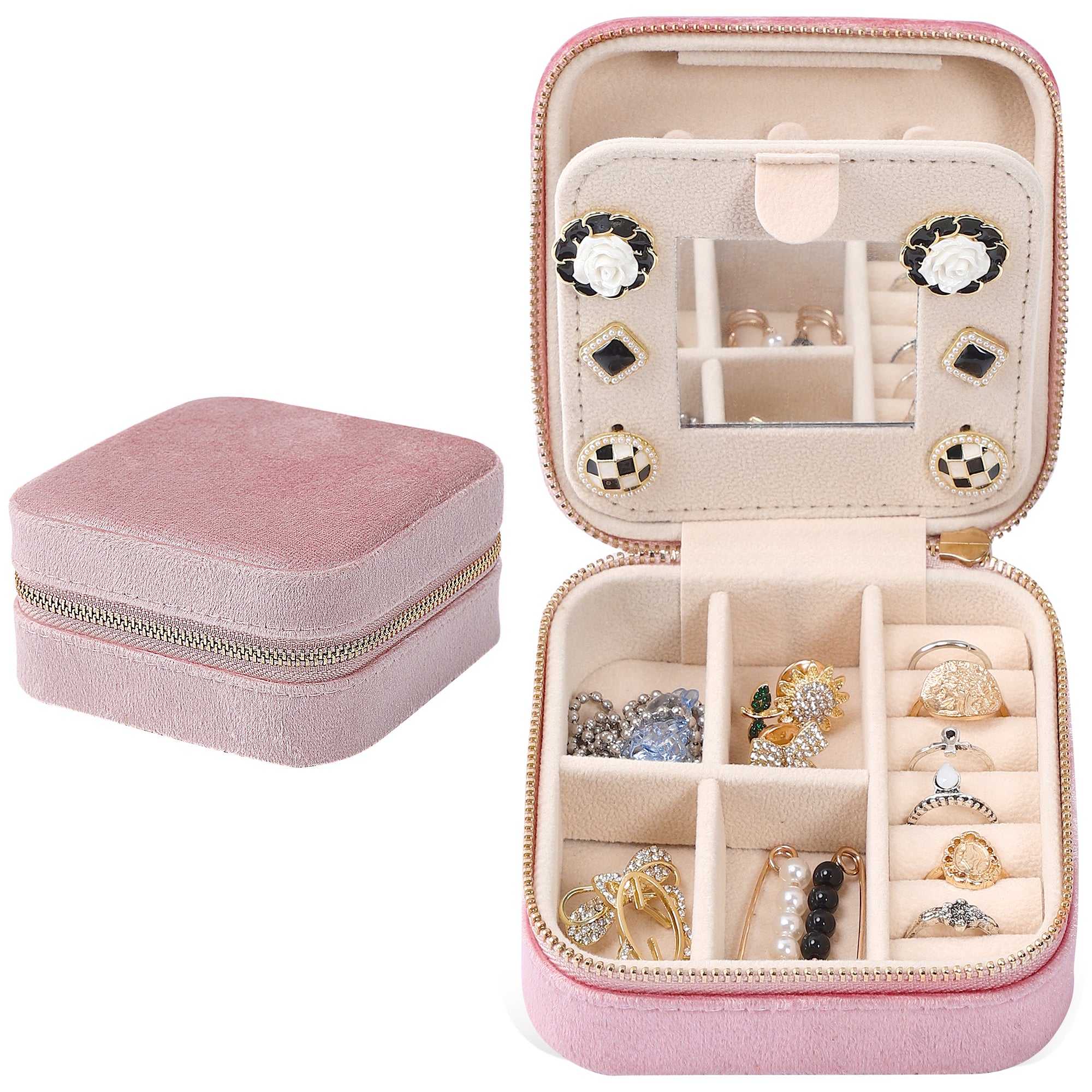 Mini three-layer jewelry storage box with a mirror