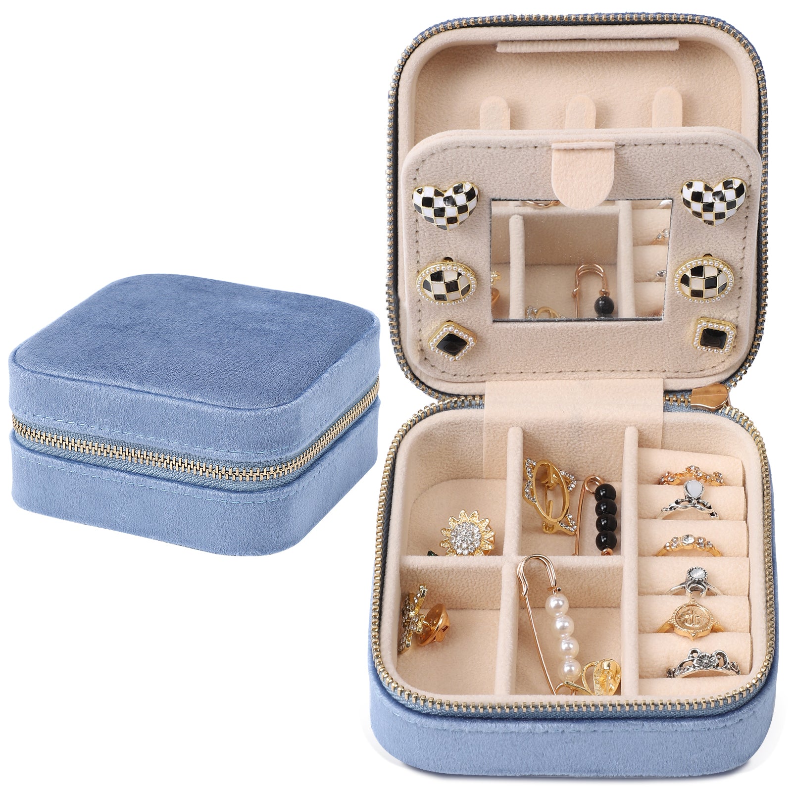 Mini three-layer jewelry storage box with a mirror