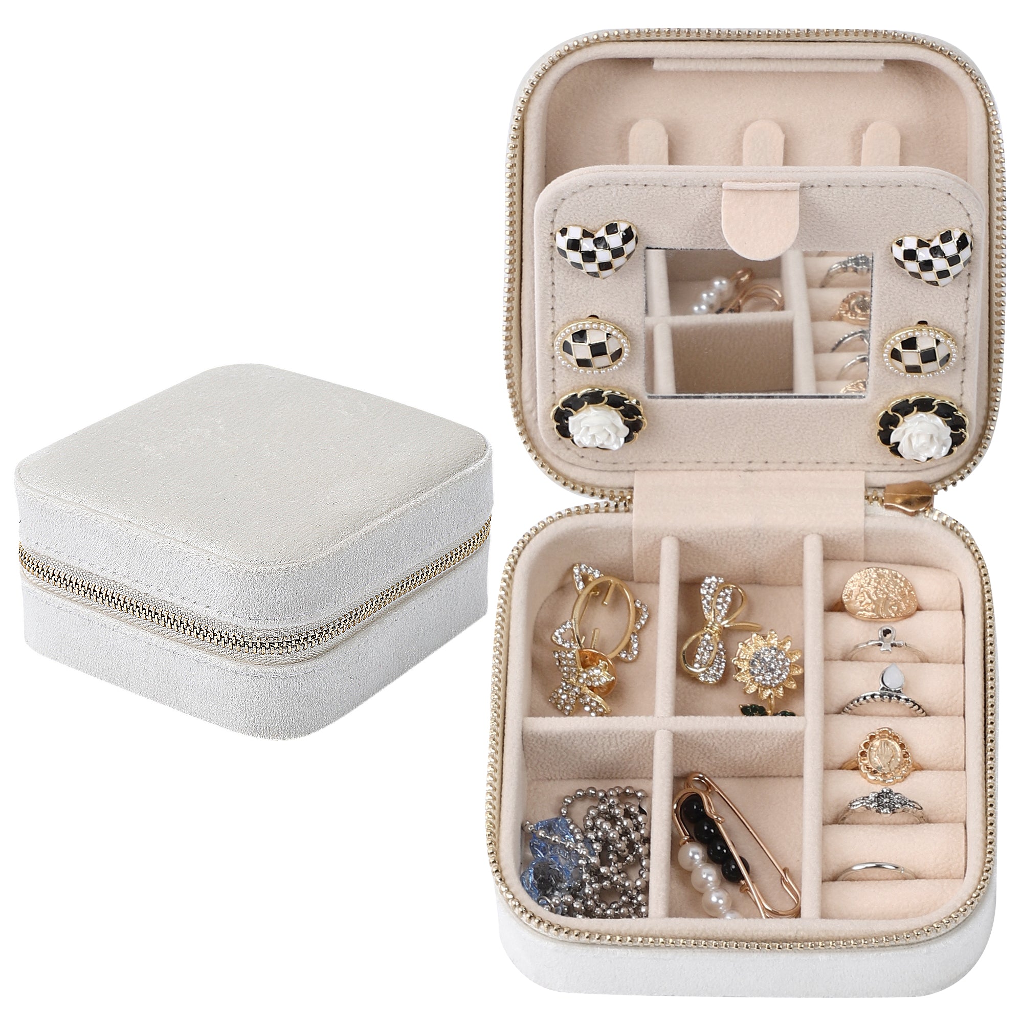 Mini three-layer jewelry storage box with a mirror