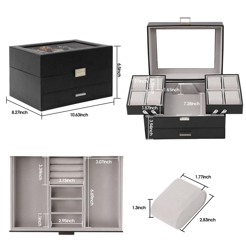 3-Layer PU Leather Watch Display Case with Movable Trays