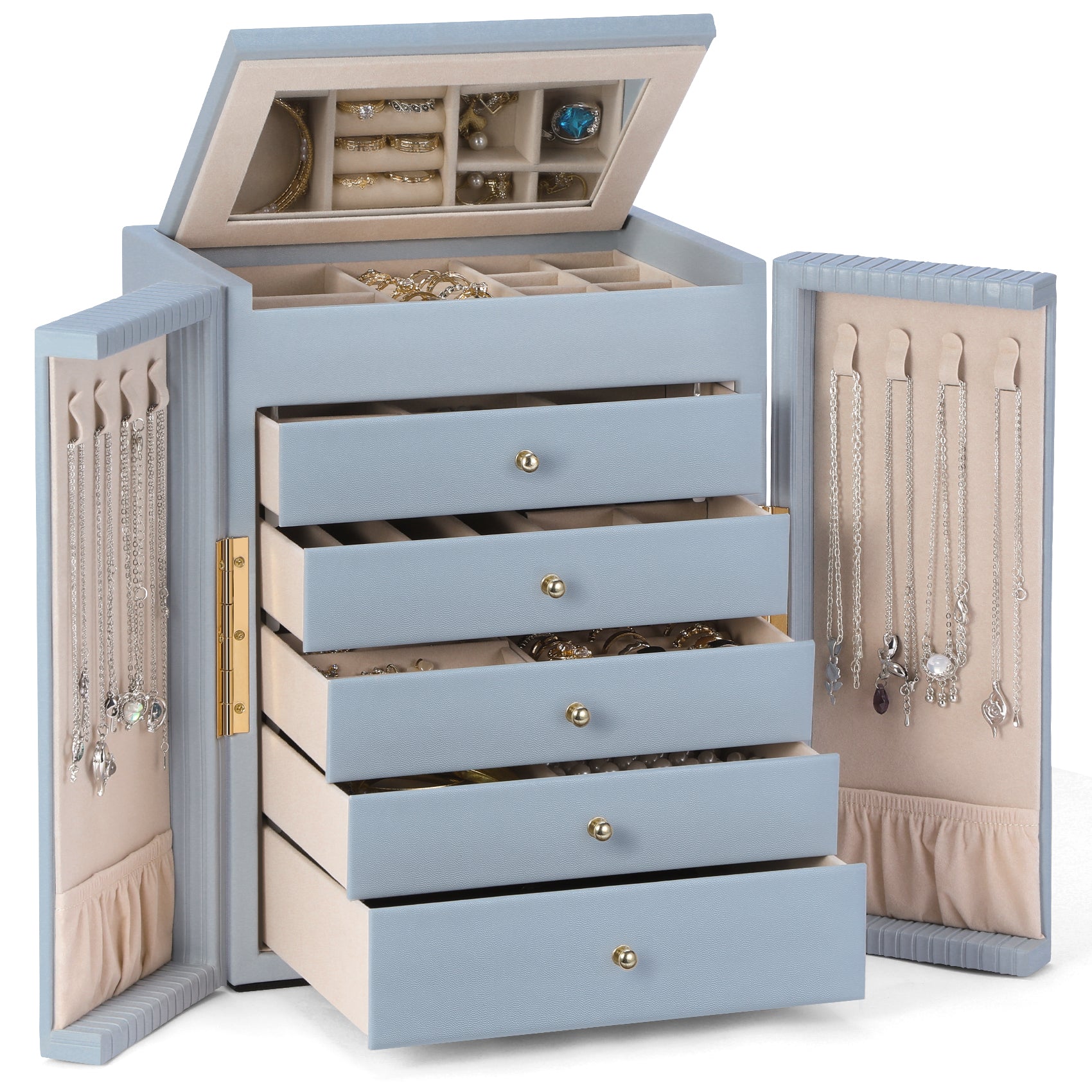 Large capacity and multi-functional 6-layer storage box with mirror