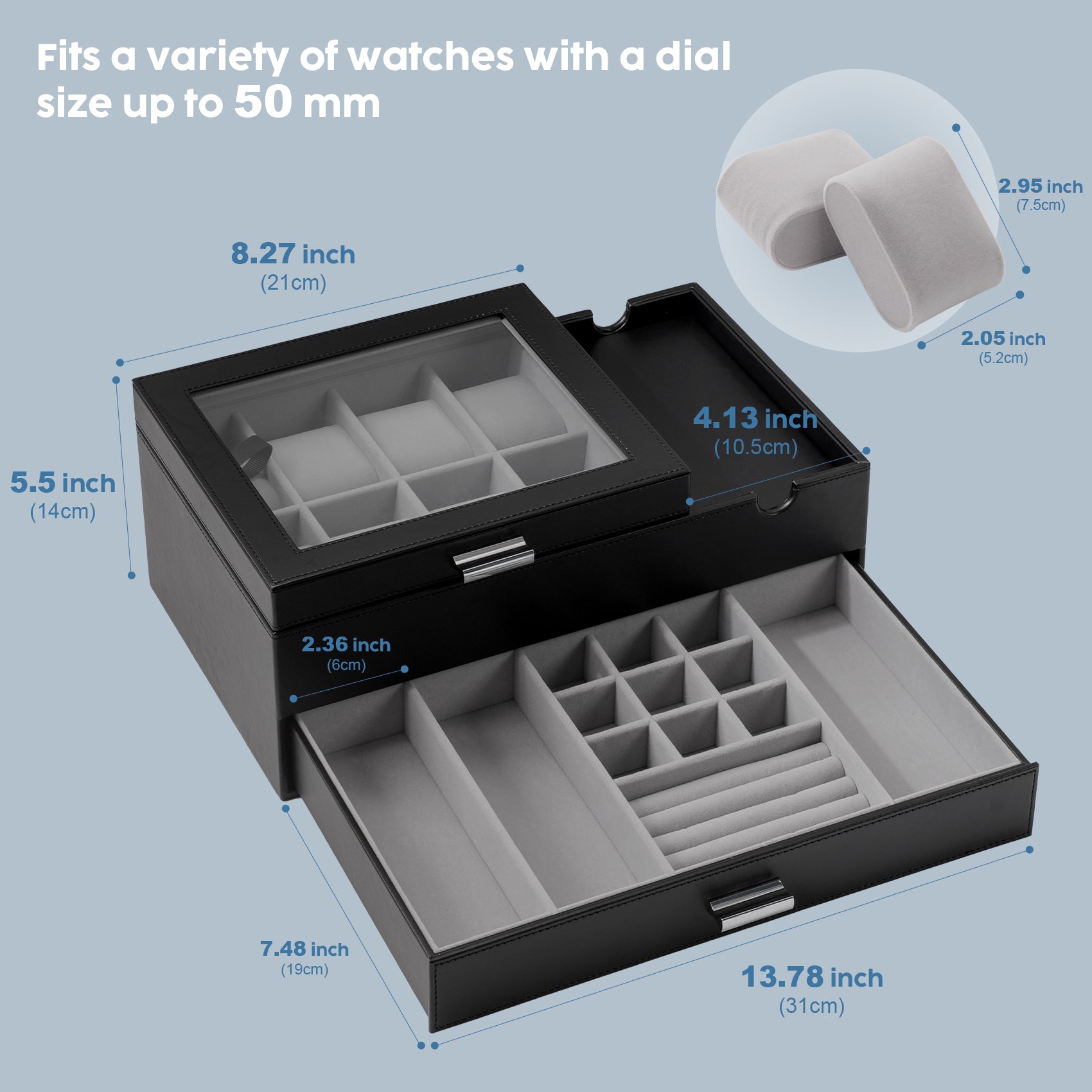 PU leather men's watch storage box with glass lid