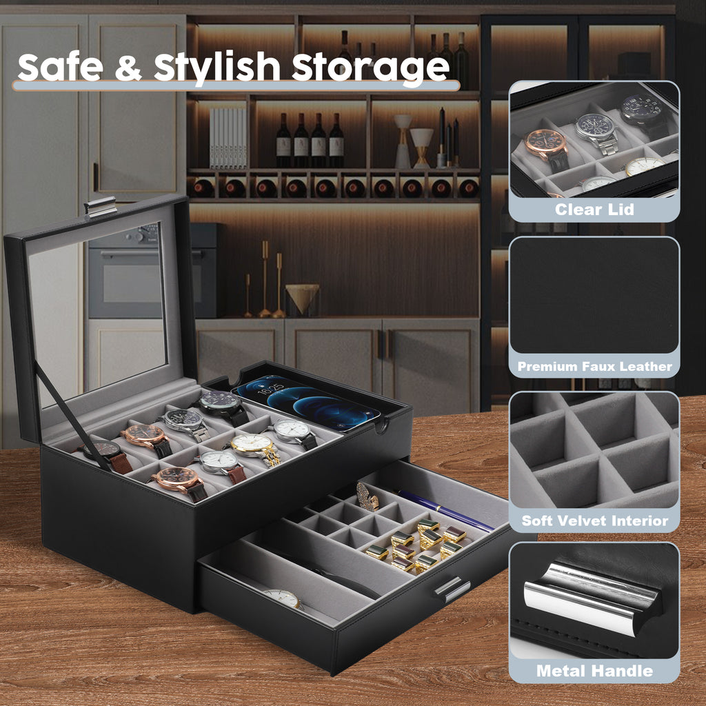 PU leather men's watch storage box with glass lid
