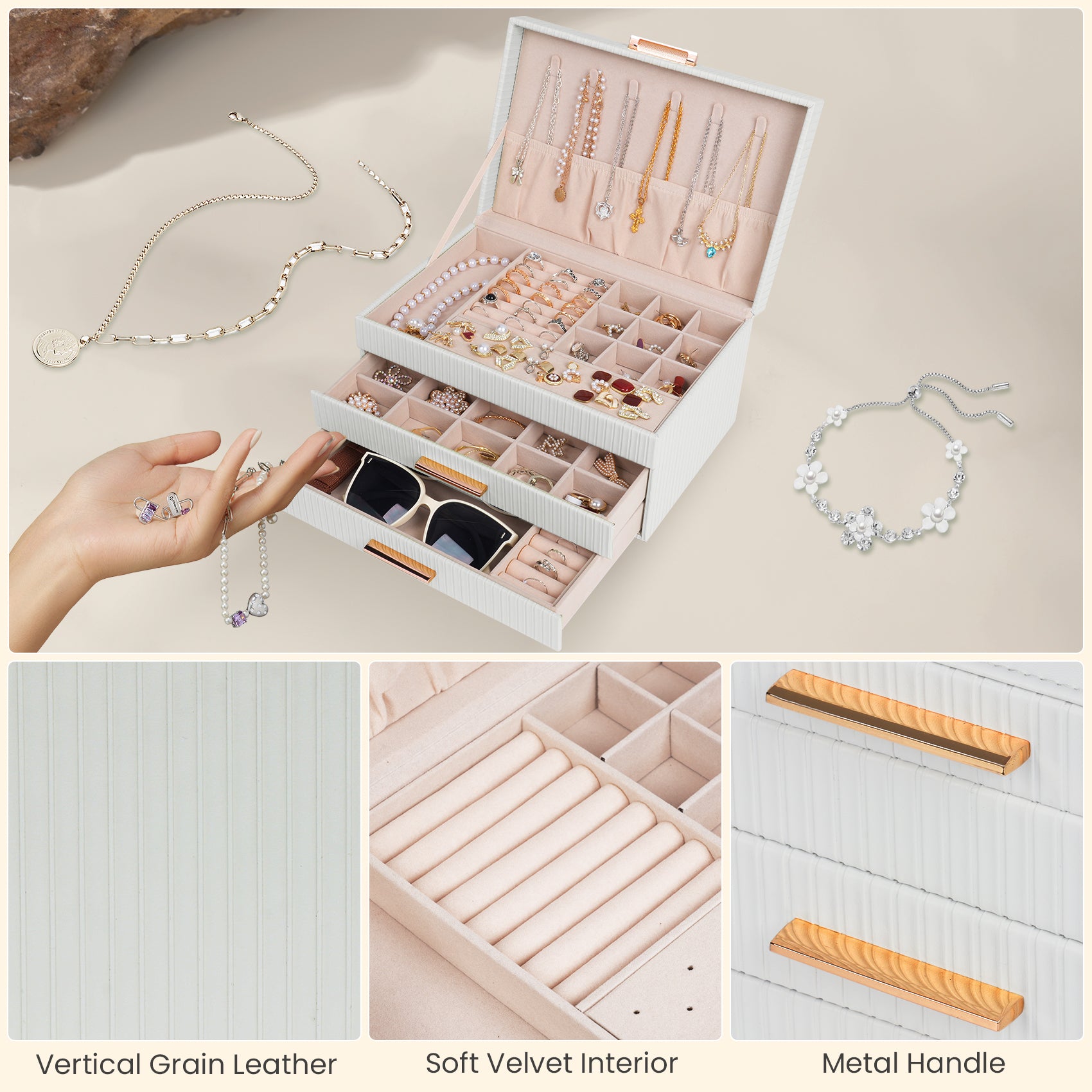3-layer jewelry storage box with two drawers