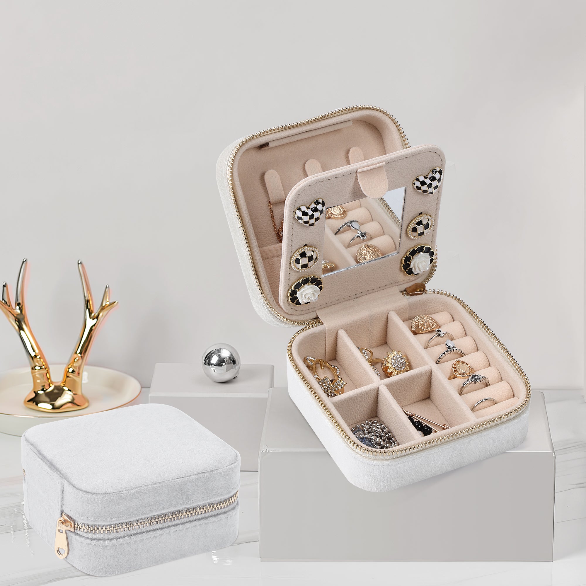 Mini three-layer jewelry storage box with a mirror