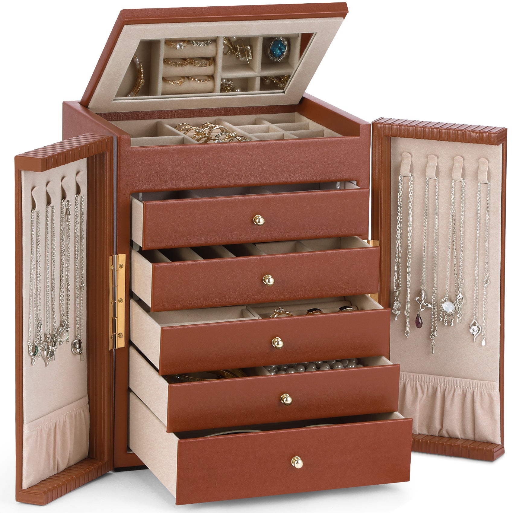 Large capacity and multi-functional 6-layer storage box with mirror