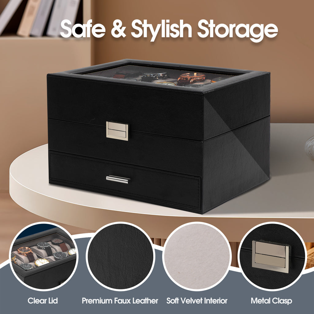 3-Layer PU Leather Watch Display Case with Movable Trays
