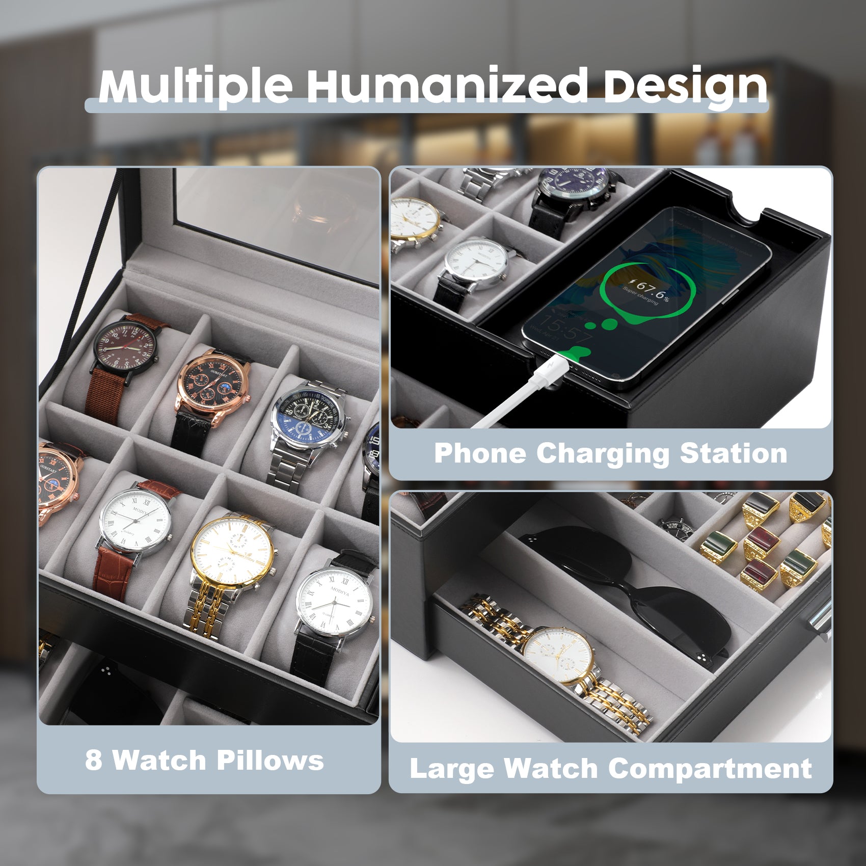 PU leather men's watch storage box with glass lid
