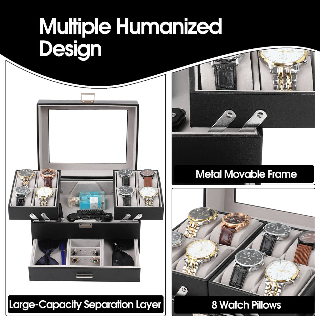 3-Layer PU Leather Watch Display Case with Movable Trays