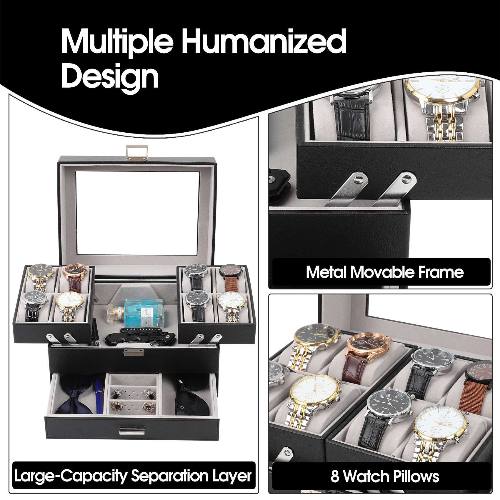 3-Layer PU Leather Watch Display Case with Movable Trays