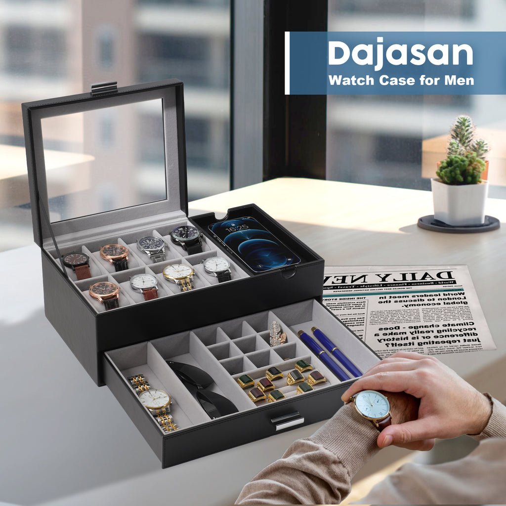 PU leather men's watch storage box with glass lid