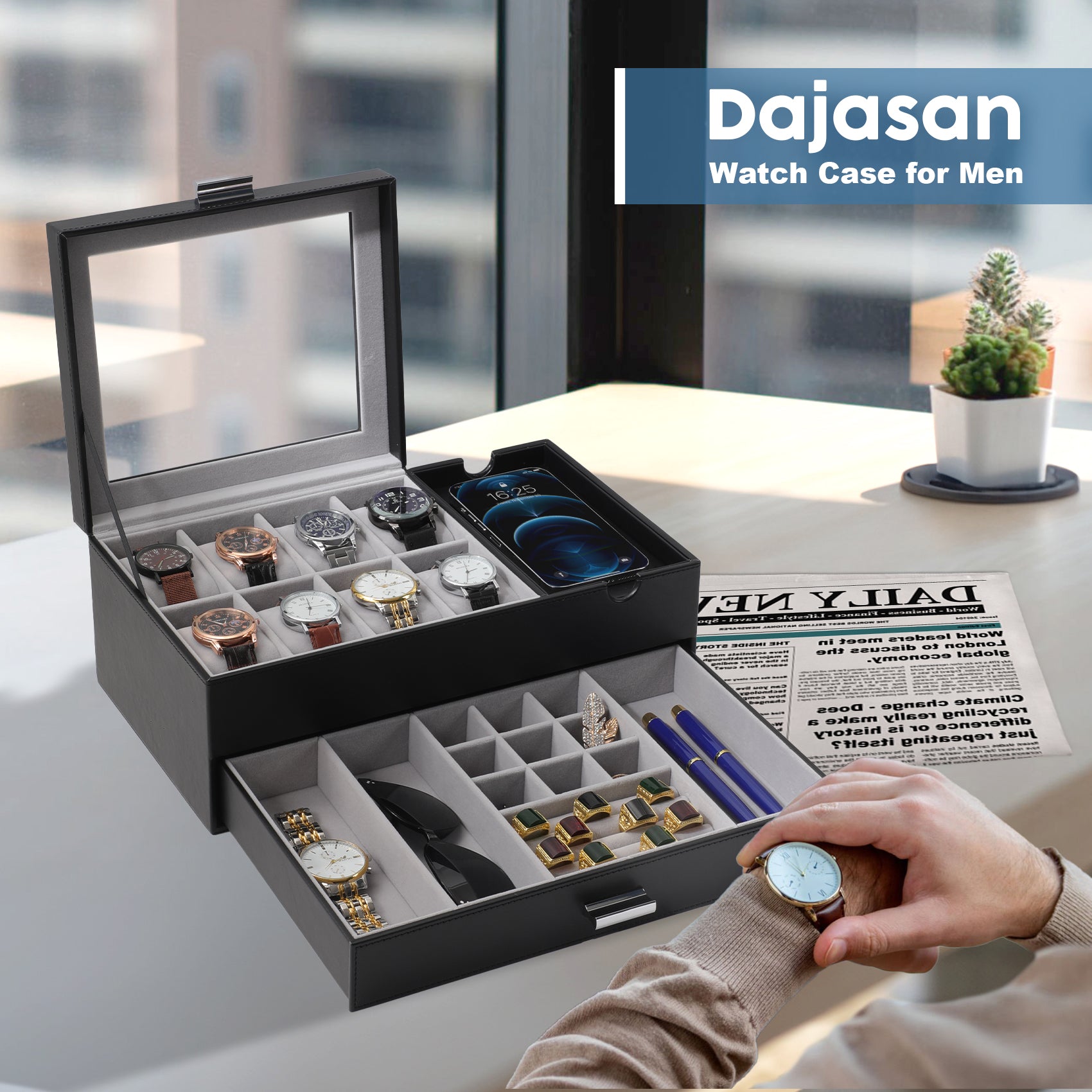 PU leather men's watch storage box with glass lid