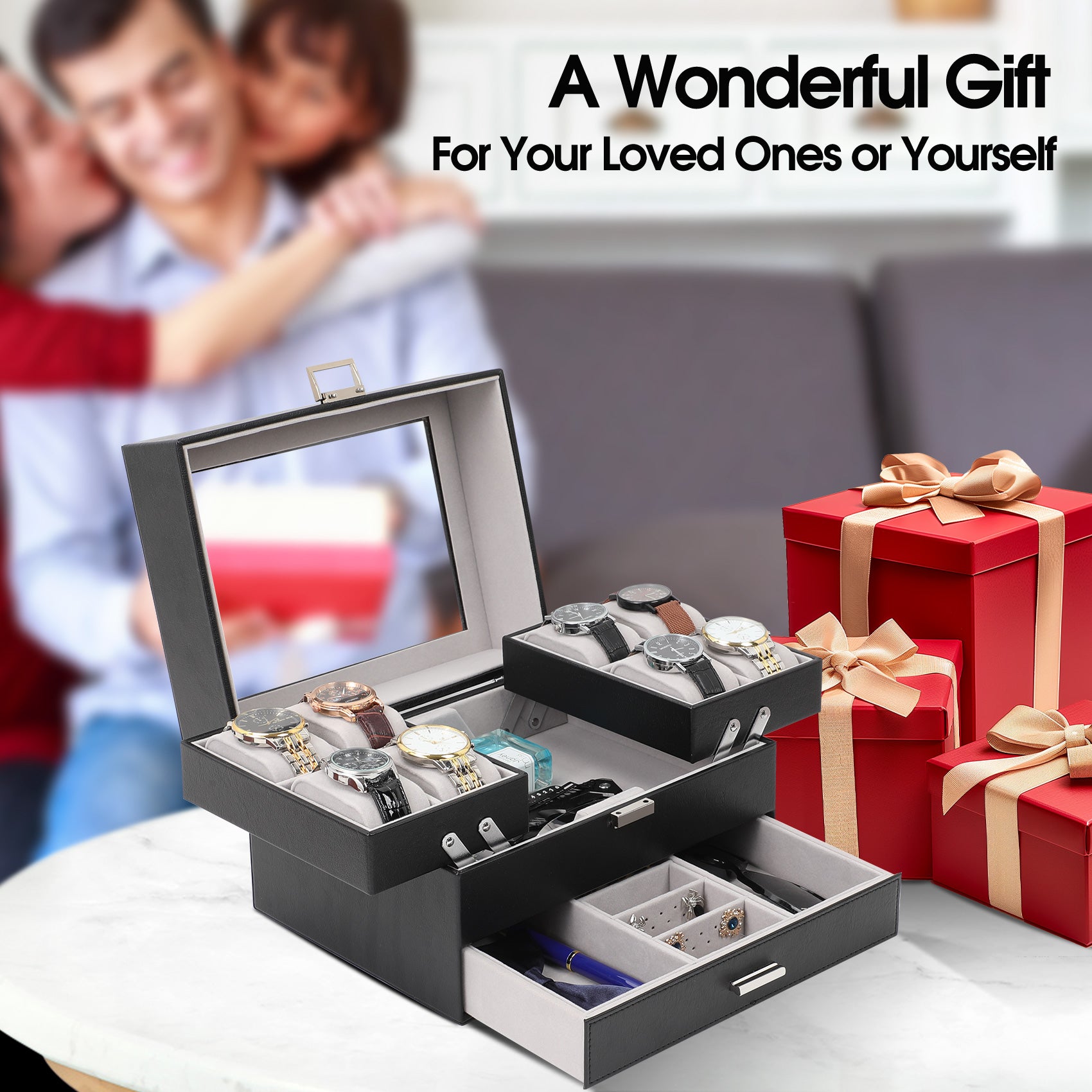 3-Layer PU Leather Watch Display Case with Movable Trays