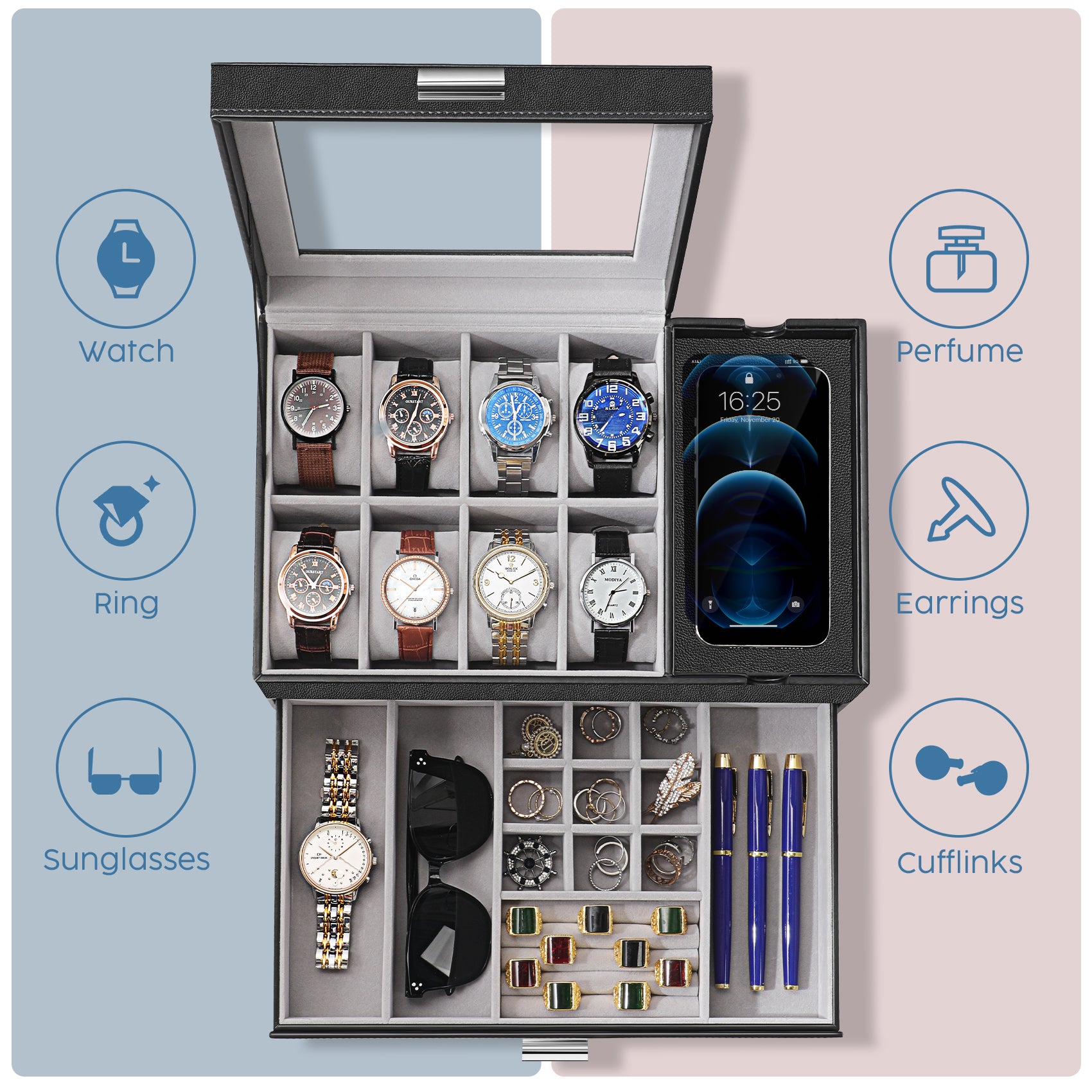 PU leather men's watch storage box with glass lid