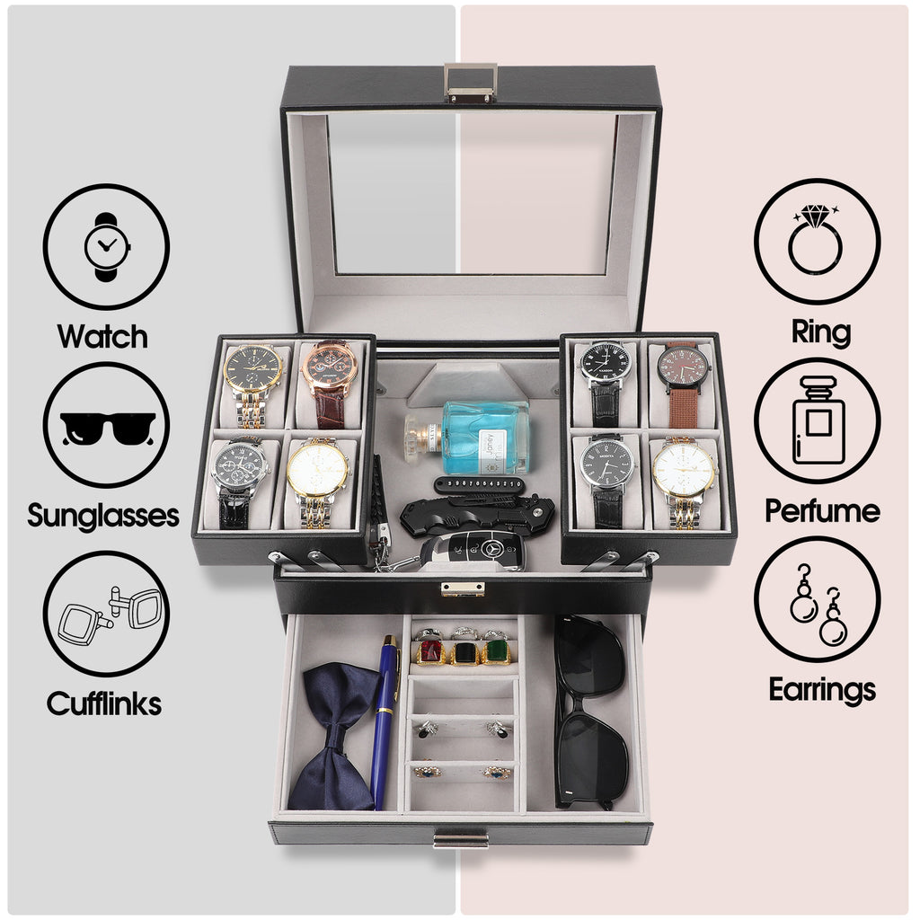 3-Layer PU Leather Watch Display Case with Movable Trays