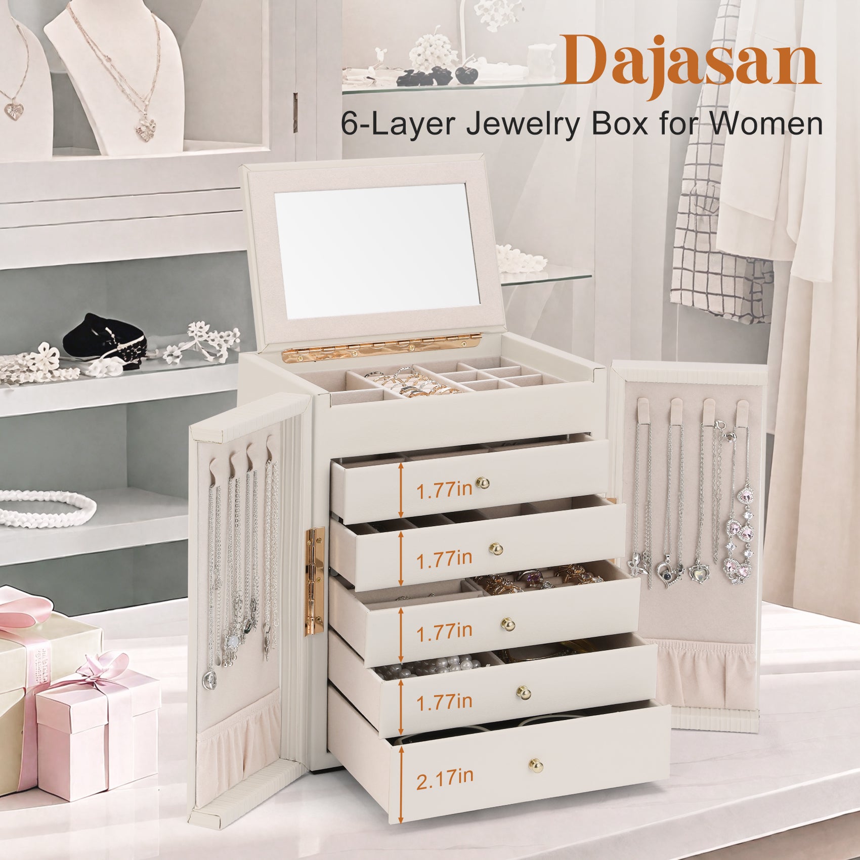 Large capacity and multi-functional 6-layer storage box with mirror