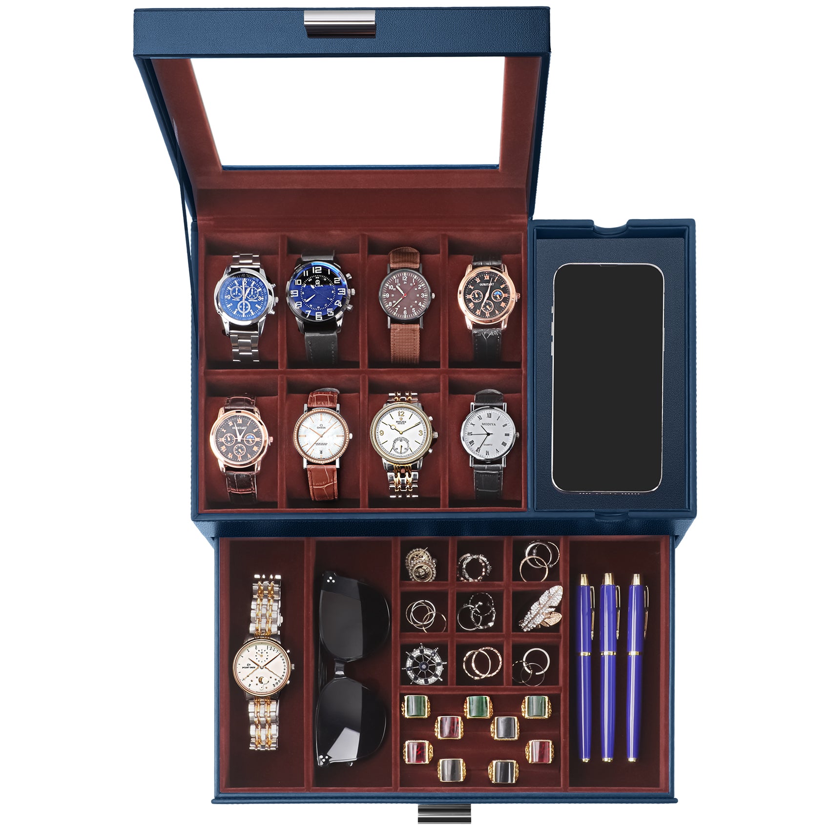 PU leather men's watch storage box with glass lid