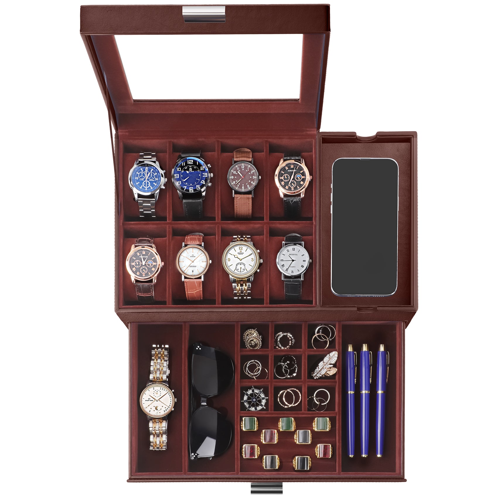 PU leather men's watch storage box with glass lid