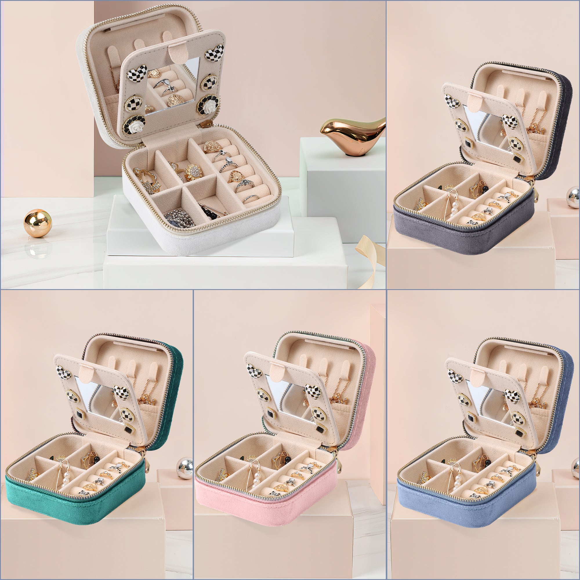 Mini three-layer jewelry storage box with a mirror